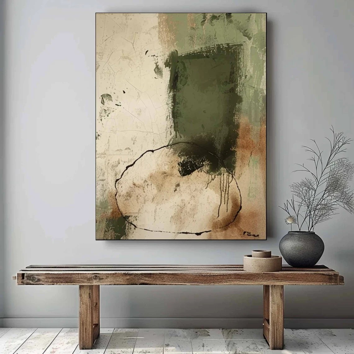 Large Abstract Beige and Green Oil Painting with Organic Shape