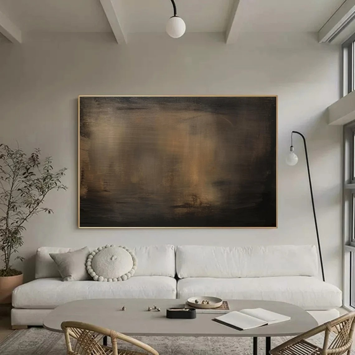 Large Minimalist Abstract Painting - Handmade Brown and Black Wall Decor  #TC 012