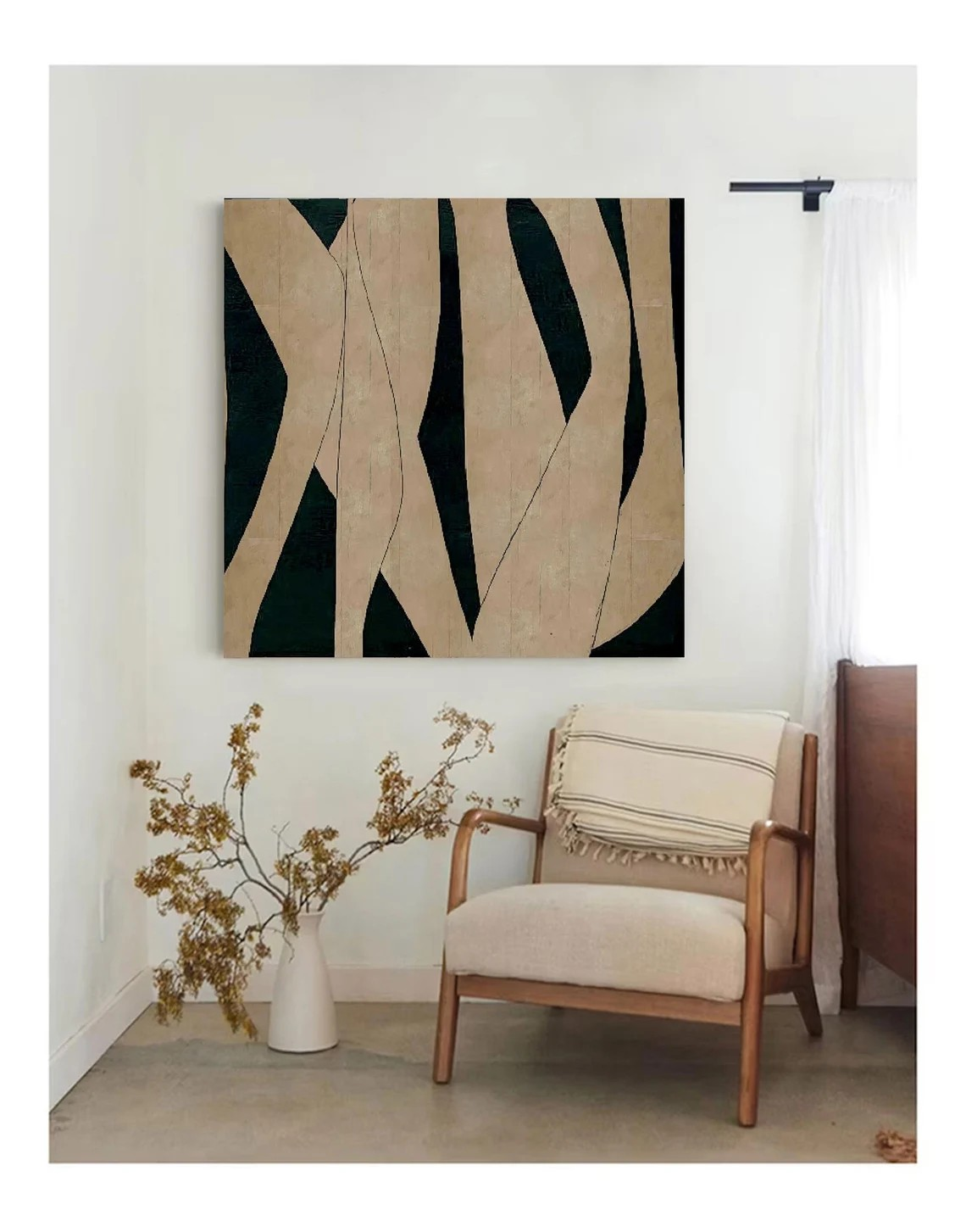 Abstract Modern Canvas Art – Flowing Lines in Black and Beige #JJ 010