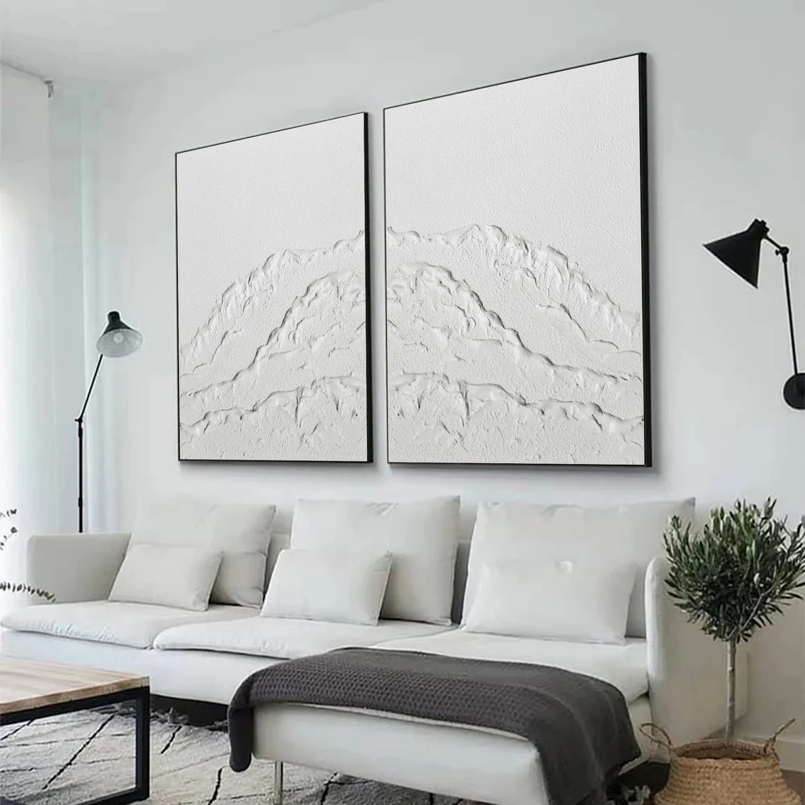 White Textured Abstract Diptych - Minimalist Landscape Art #JJ 026