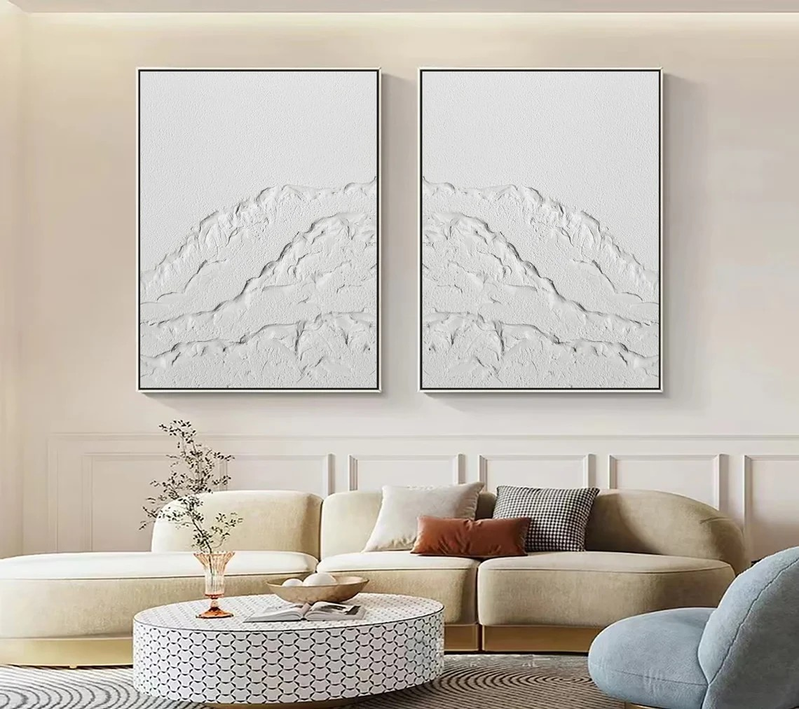 White Textured Abstract Diptych - Minimalist Landscape Art #JJ 026
