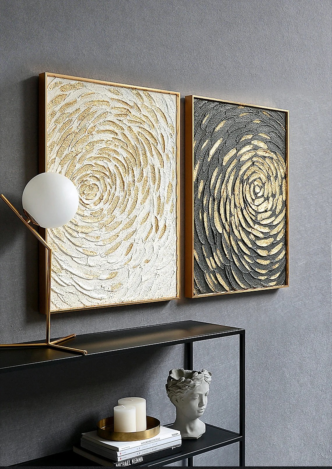 Gold Swirl Textured Abstract Diptych - Black & White Art #JJ 047
