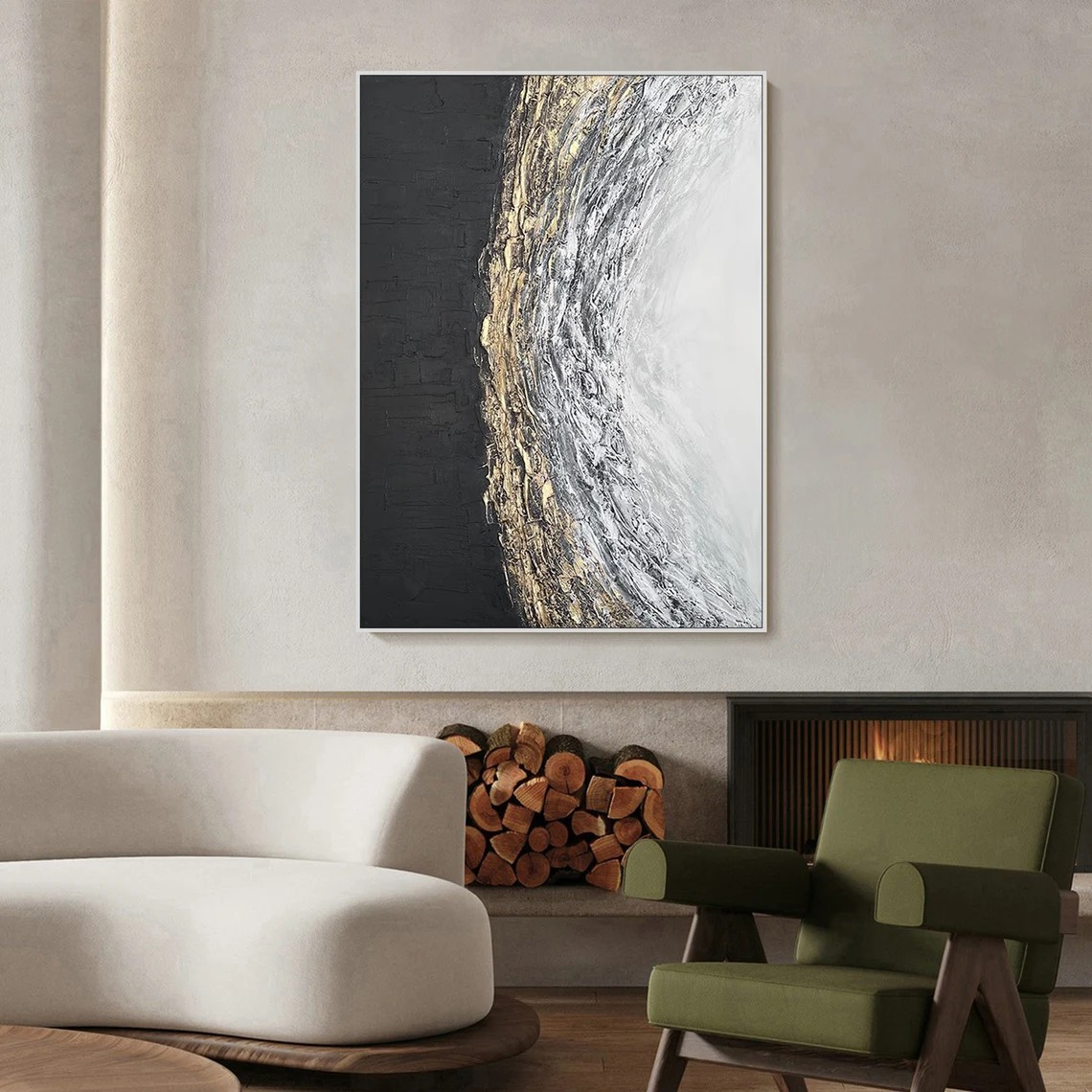 Abstract Black White Gold Oil Painting Modern Wall Art #TC 083