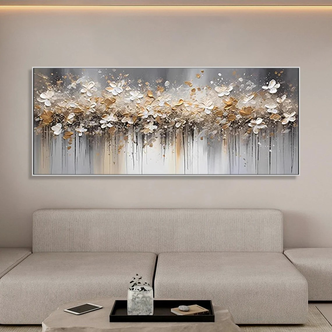 Textured Floral Abstract Oil Art - Gold Beige with Dripping #JJ 021