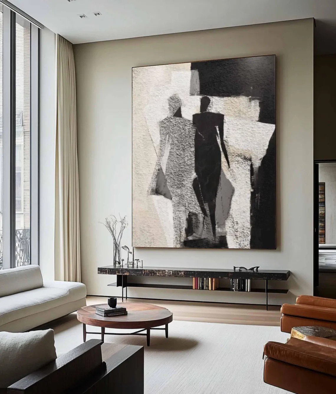 Abstract Figures Art - Black White Textured Wall Painting #TC 053