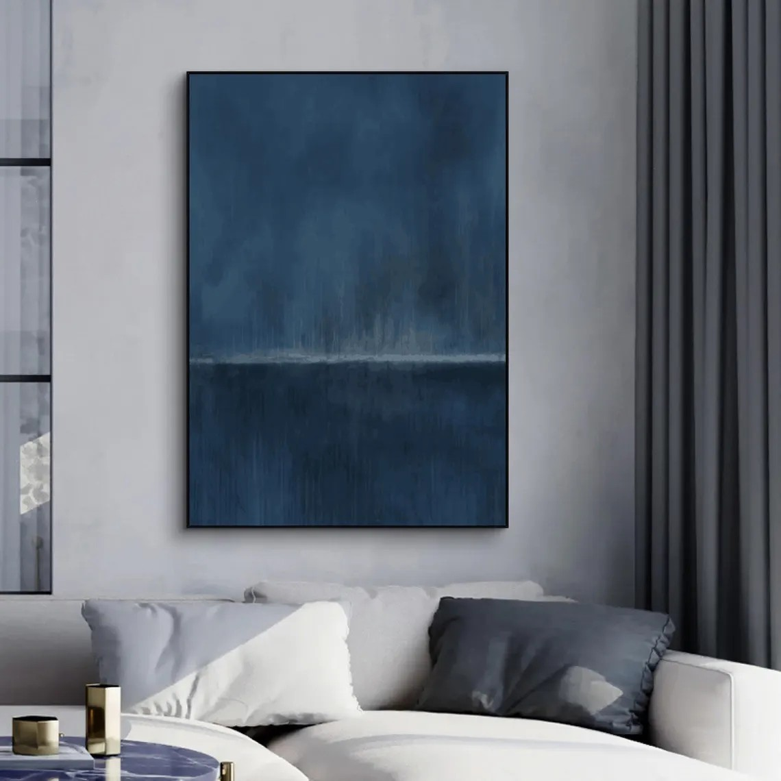Large Abstract Oil Painting - Deep Blue Minimalist Modern Wall Art #TC 011