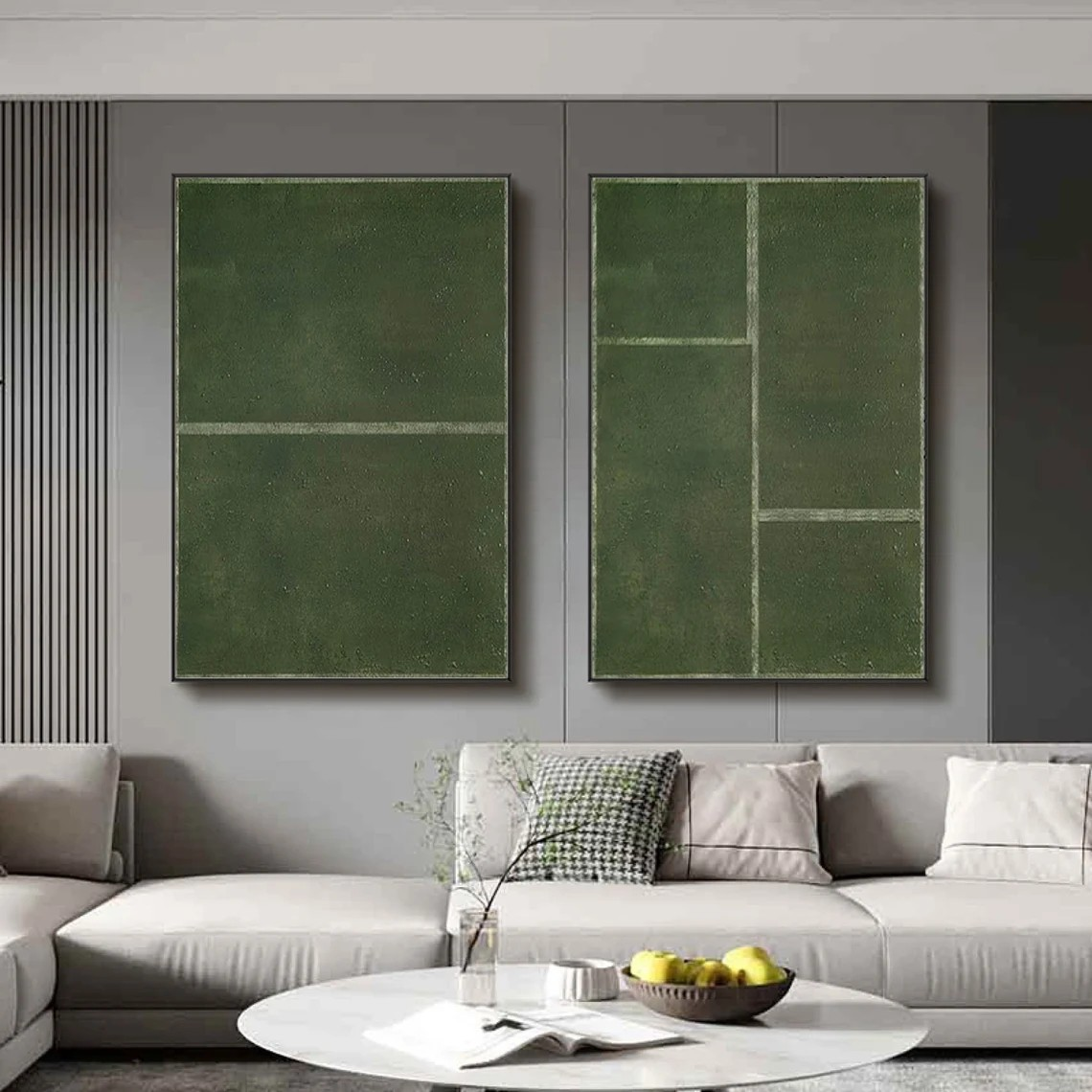 Set of 2 Large Abstract Green Oil Paintings with Geometric Design | # TC 017