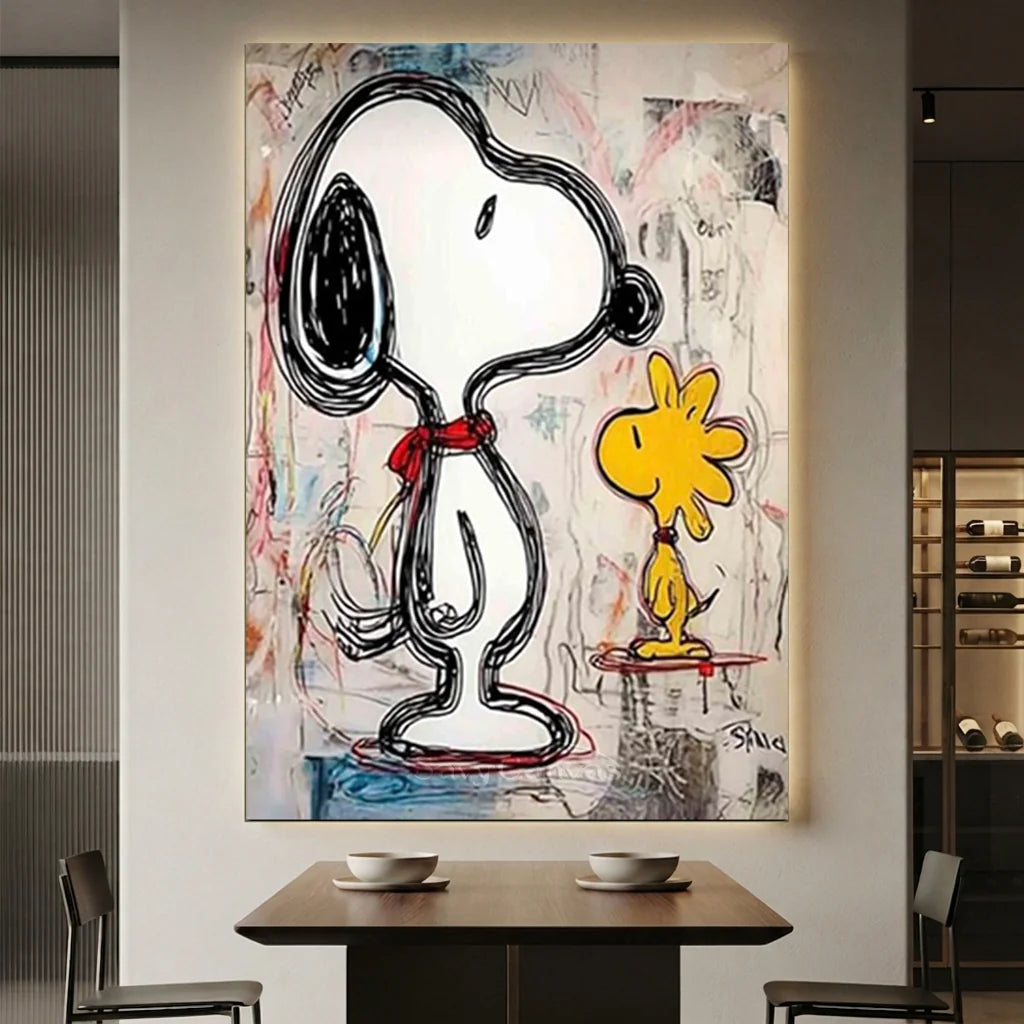 Hand-painted Modernism style Snoopy and Woodstock oil painting with abstract line work and a red collar on textured canvas for modern living room decor.