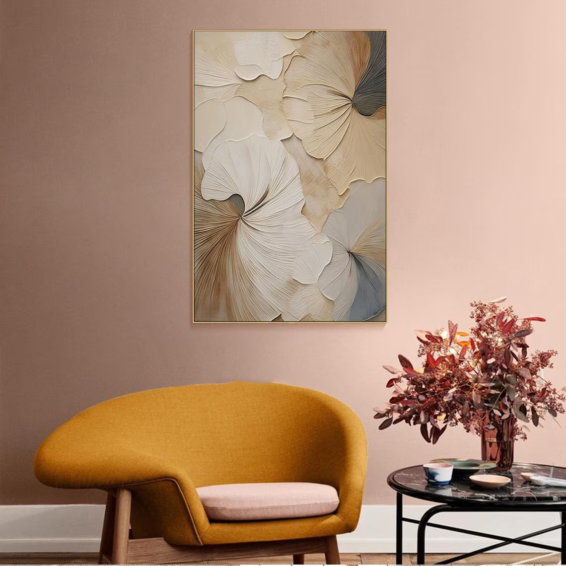 Textured Beige Floral Painting for Bedroom #TC 103