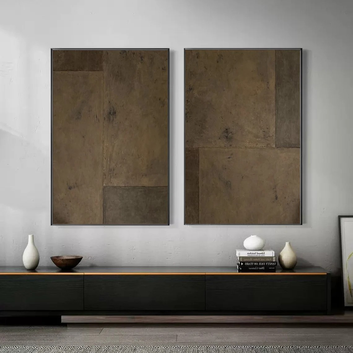 Geometric Abstraction Wall Art Set - Textured Brown Painting | #TC 046