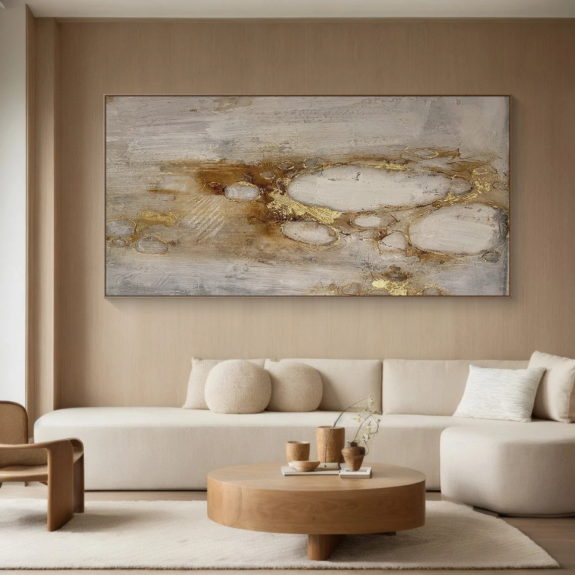 Beige Abstract Art - Gold Foil Oil Painting for Home Decor