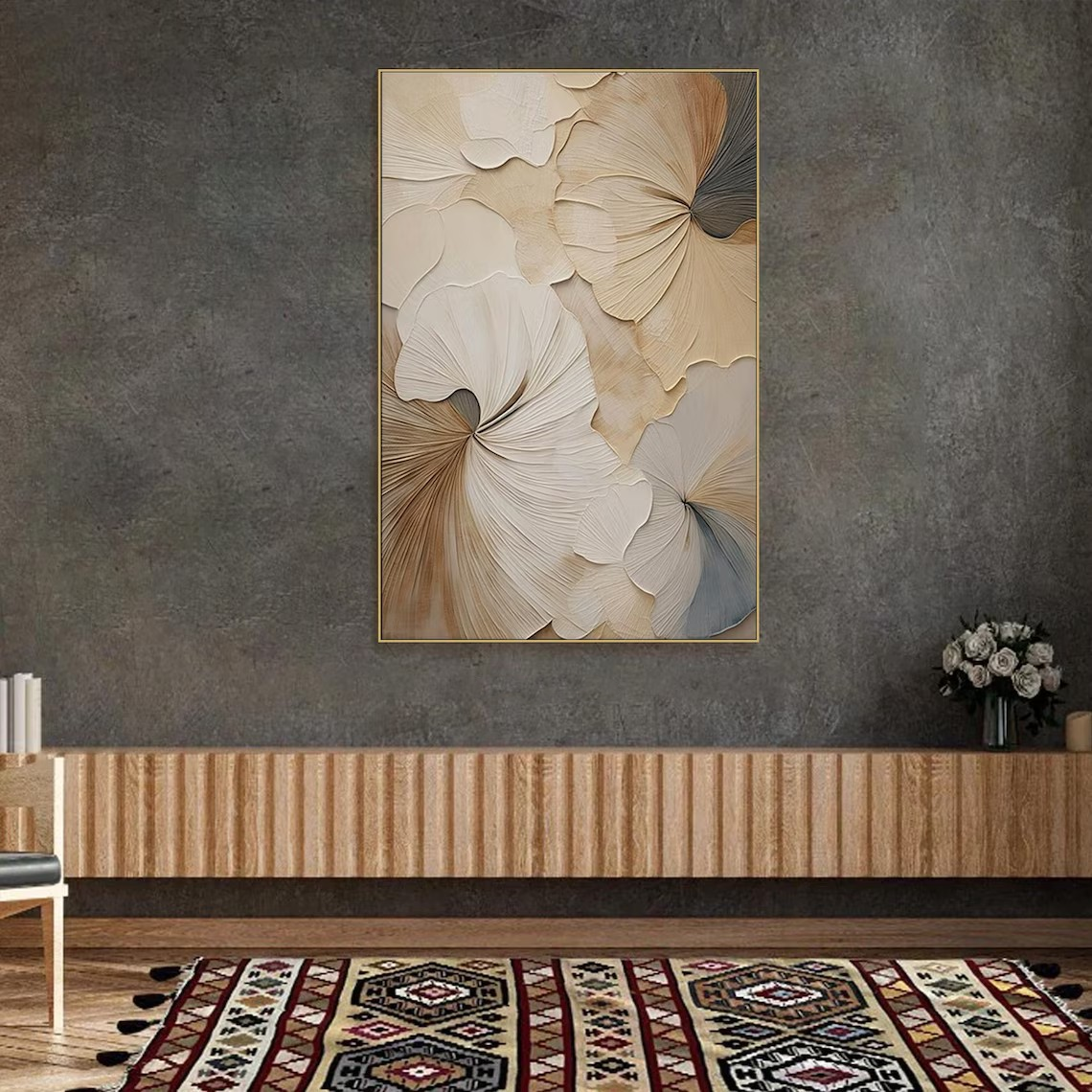 Textured Beige Floral Painting for Bedroom #TC 103
