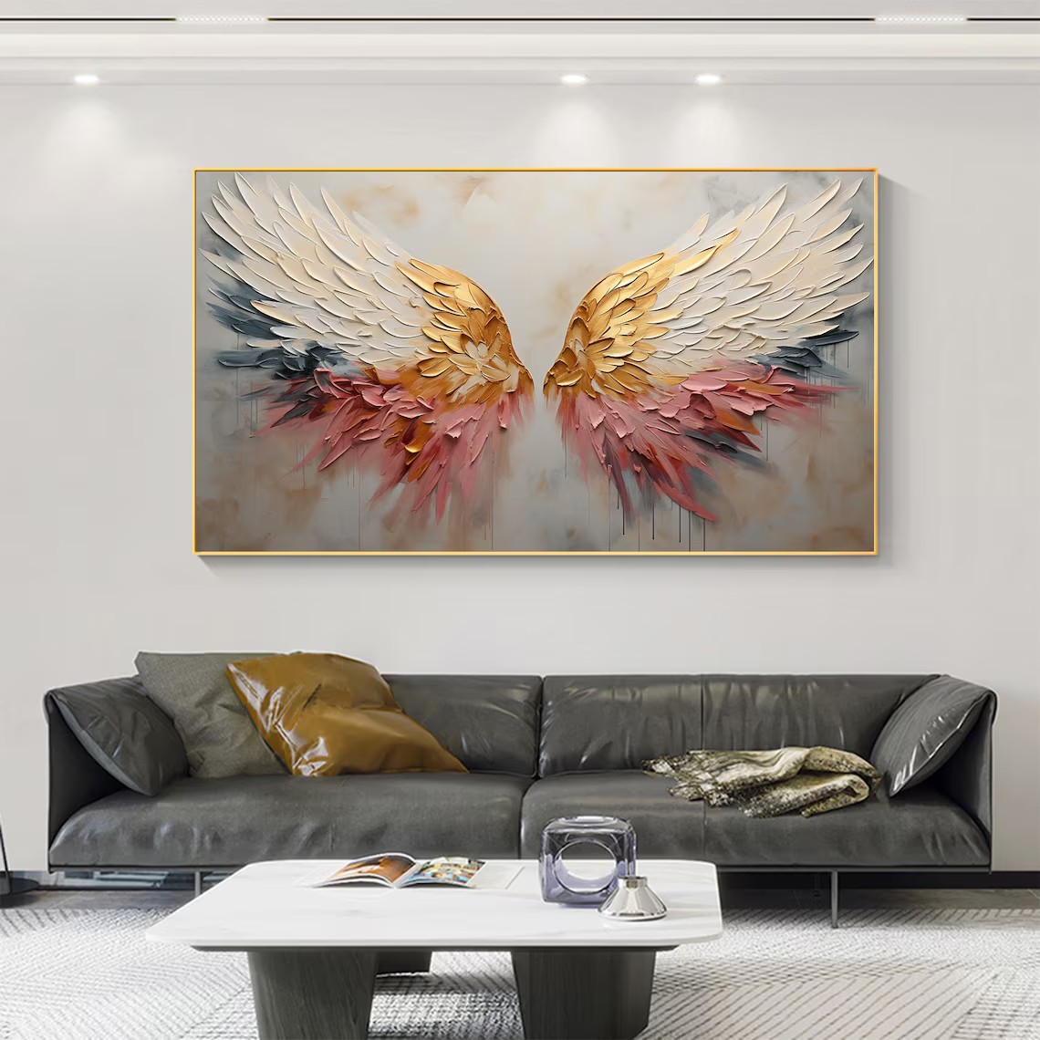 Textured Angel Wings Abstract Oil Painting - Gold & Peach Art #JJ 031