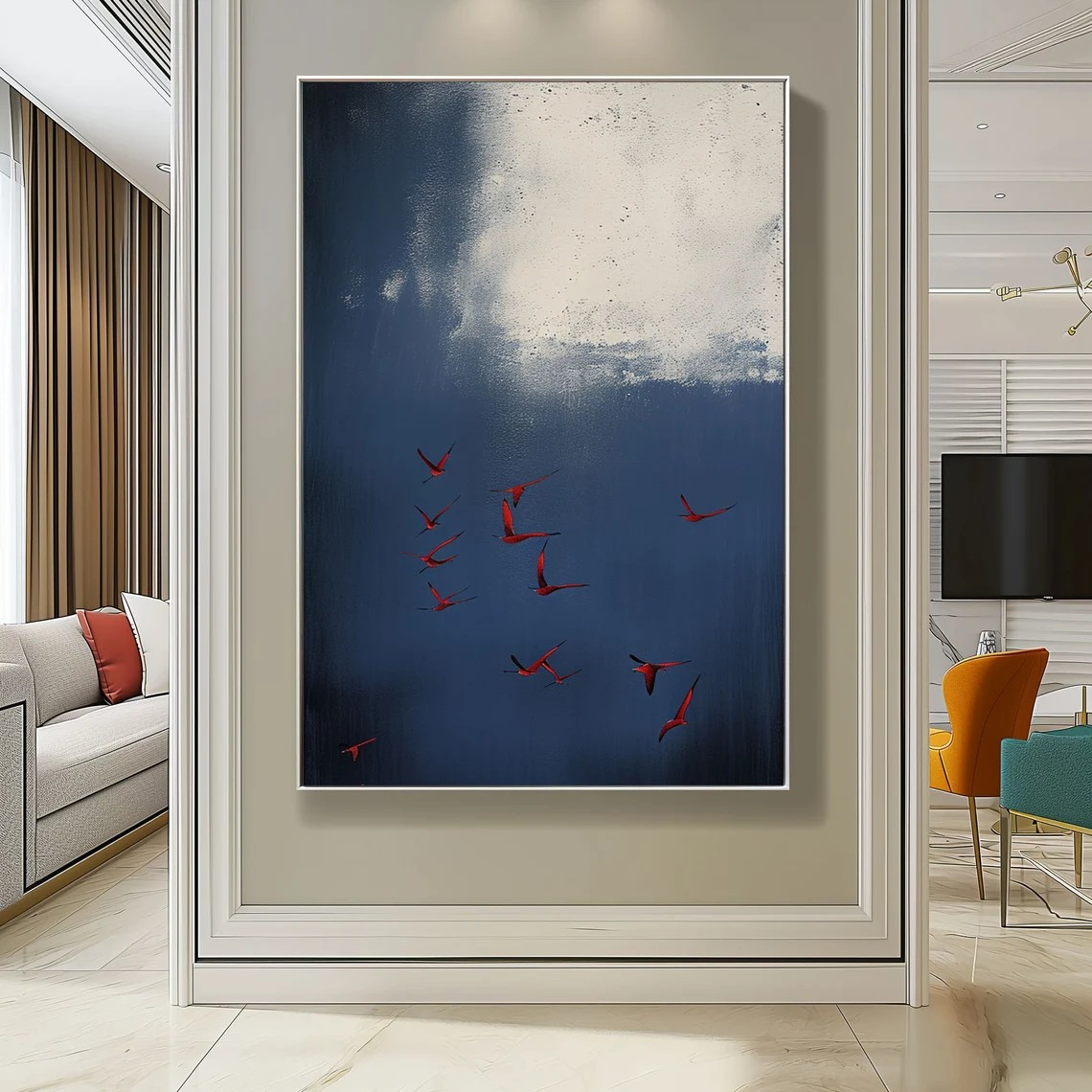 Abstract Birds Hand-Painted Oil Painting | Modern Minimalist Sky Artwork #TC 022