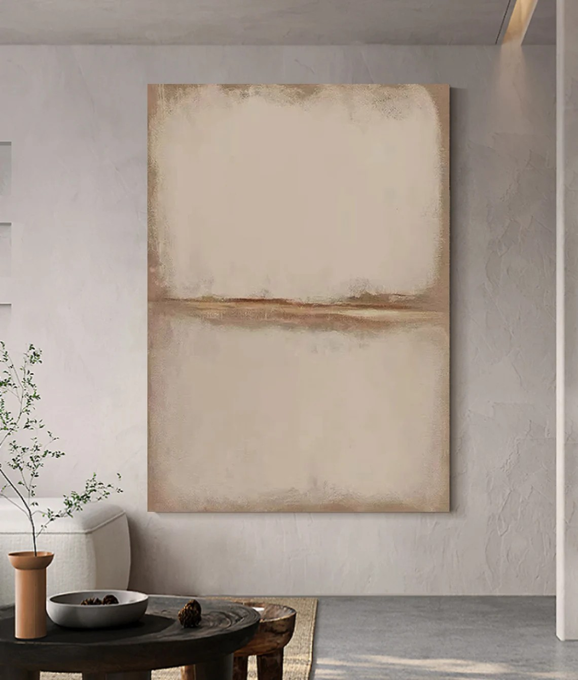 Large Abstract Beige Oil Painting with Horizon Line for Minimalist Decor #TC 019