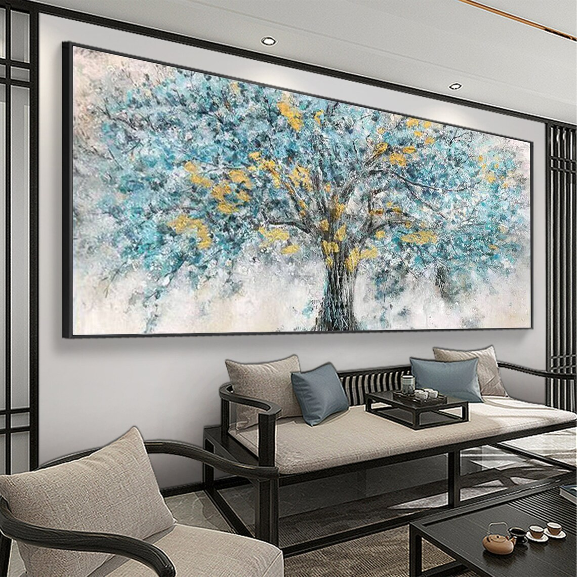 Abstract Tree Oil Painting with Blue & Gold Textured Leaves #JJ 038