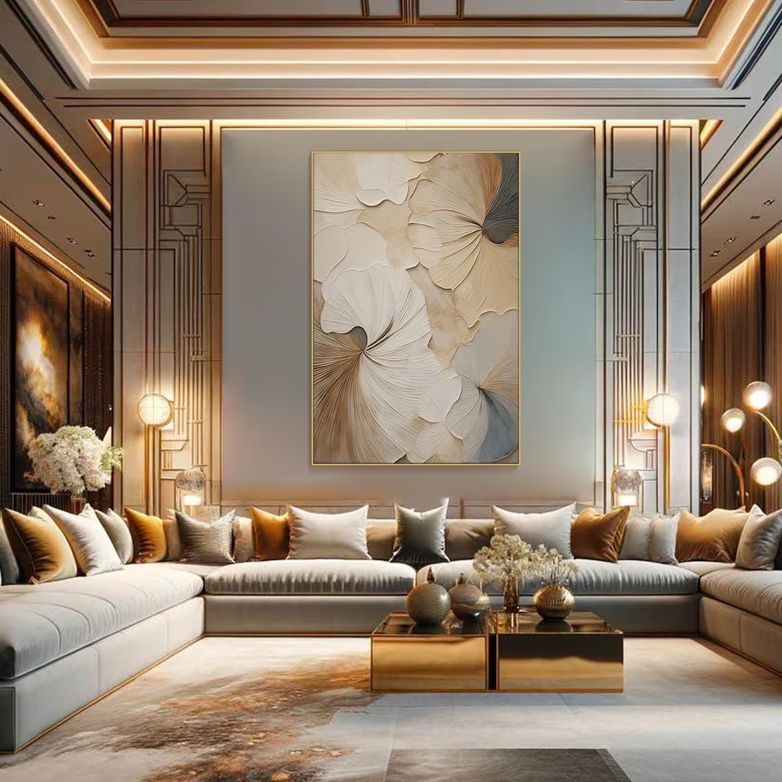 Textured Beige Floral Painting for Bedroom #TC 103