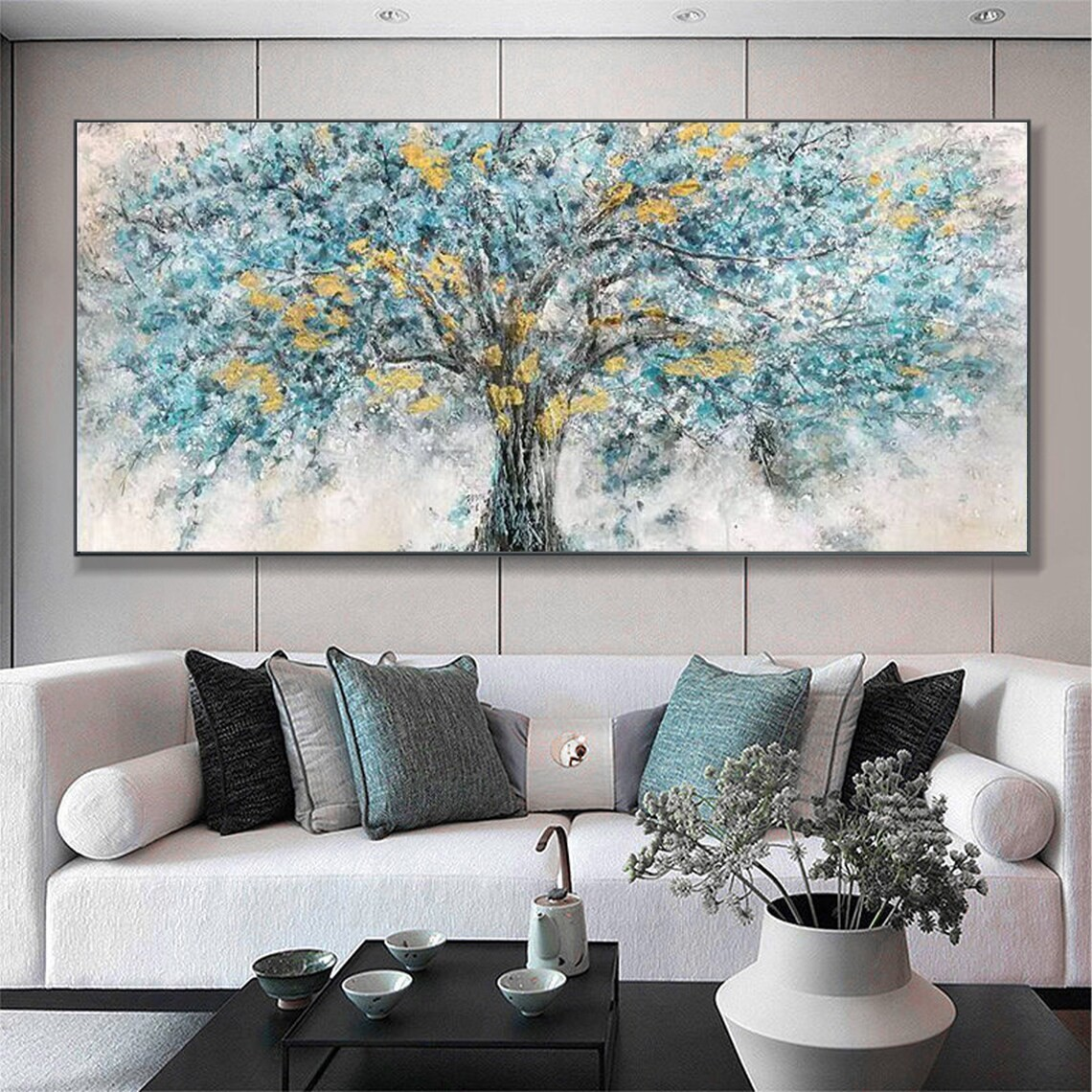 Abstract Tree Oil Painting with Blue & Gold Textured Leaves #JJ 038