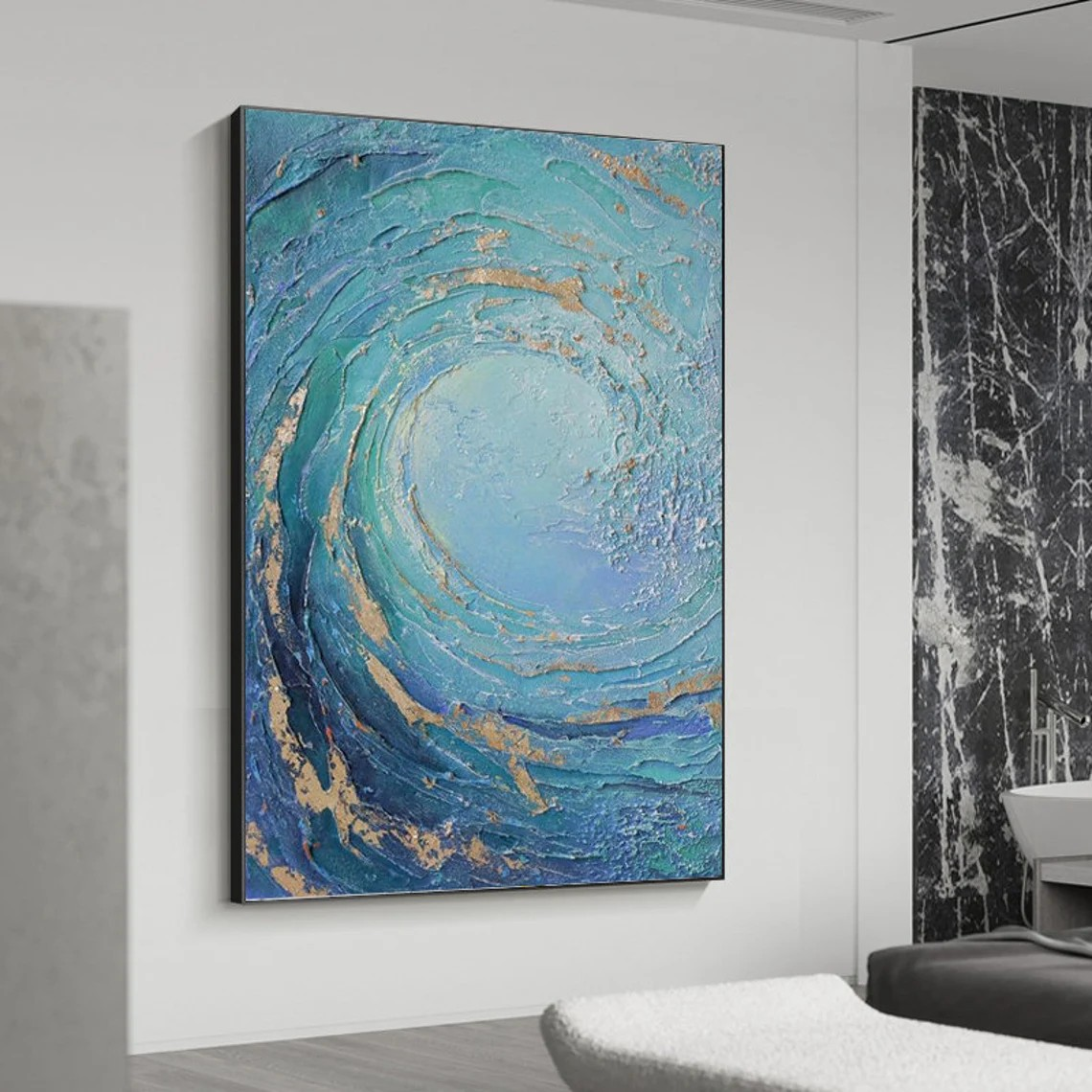 Abstract Ocean Wave Oil Painting, Blue and Gold Textured Wall Art #TC 068