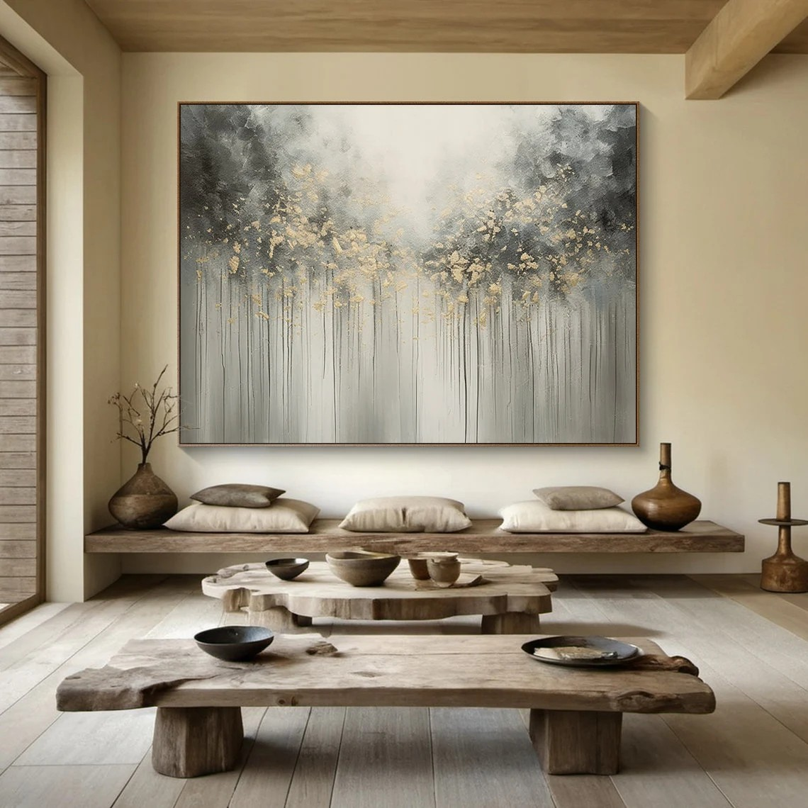 Large Abstract Nature Painting | Grey, Black, Gold Forest Art #TC 064