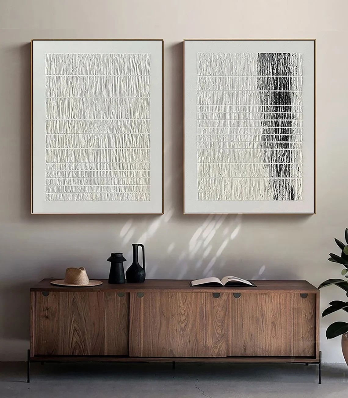 Minimalist Line Abstract Diptych - Subtle Grid with Black Accent