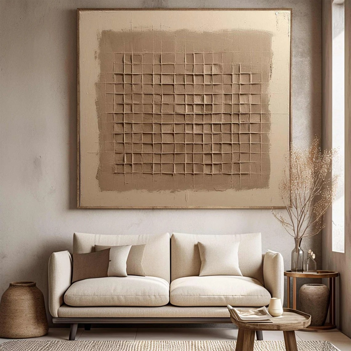 Beige Abstract Textured Grid Art – Handcrafted Oil Painting on Canvas