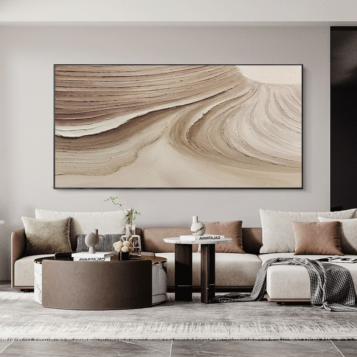 Textured Beige Abstract Oil Painting with Wave-Like Brushstrokes Wall Art #TC 036