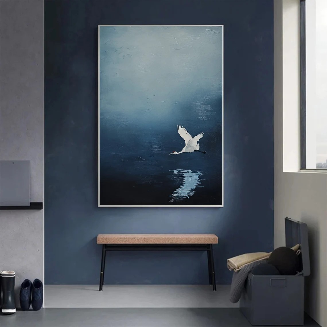 Handmade Blue Abstract Oil Painting with Crane Modern Decor  #TC 030