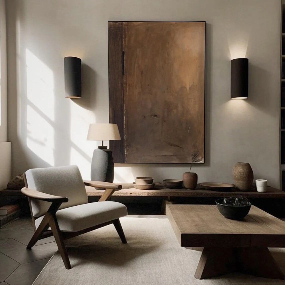 Minimalist Brown Abstract Oil Painting with Vertical Black Line Wall Art #TC 039