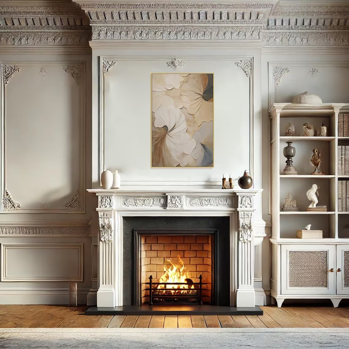 Textured Beige Floral Painting for Bedroom #TC 103