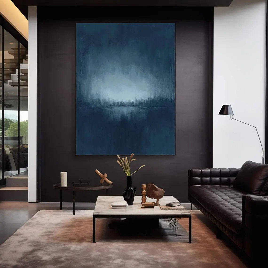 Large Contemporary Abstract  Handmade Vertical Blue Canvas Art #TC 047