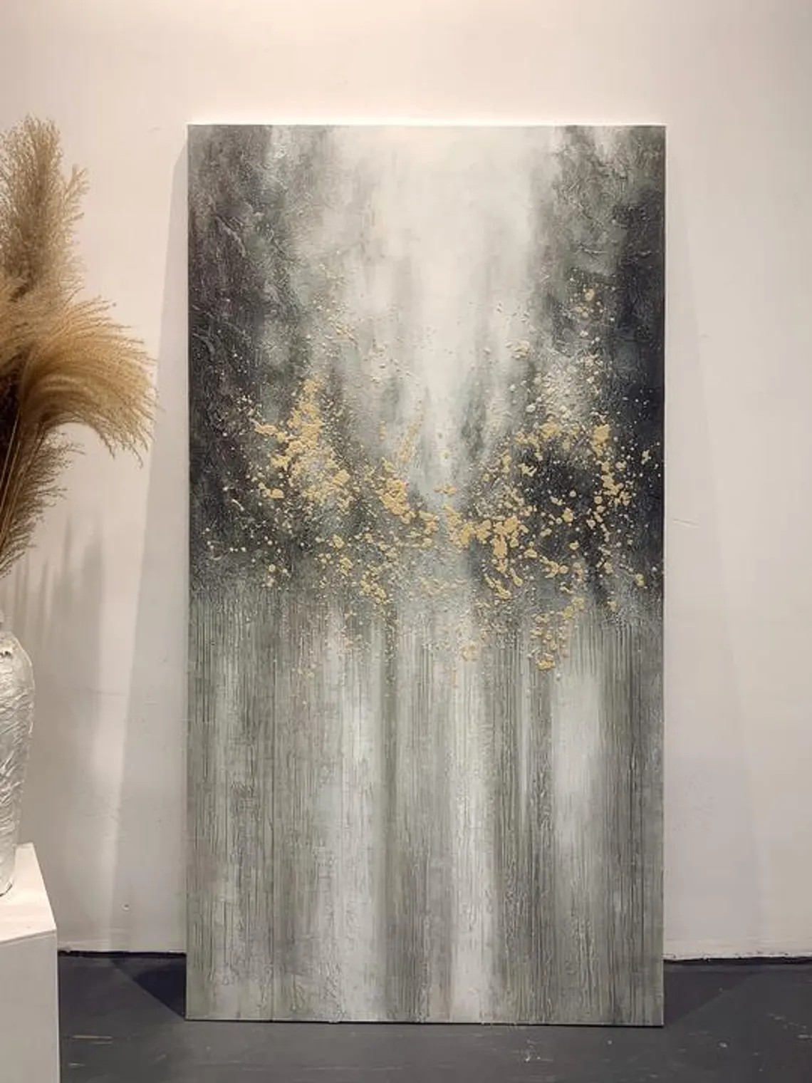 Large Abstract Nature Painting | Grey, Black, Gold Forest Art #TC 064