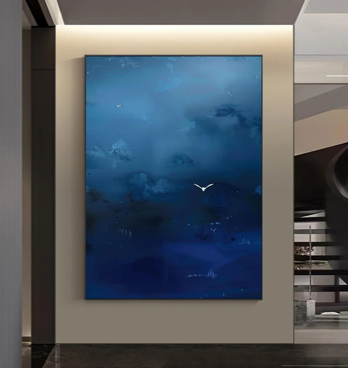 Deep Blue Abstract Oil Painting with Flying Birds Wall Art  #TC 028