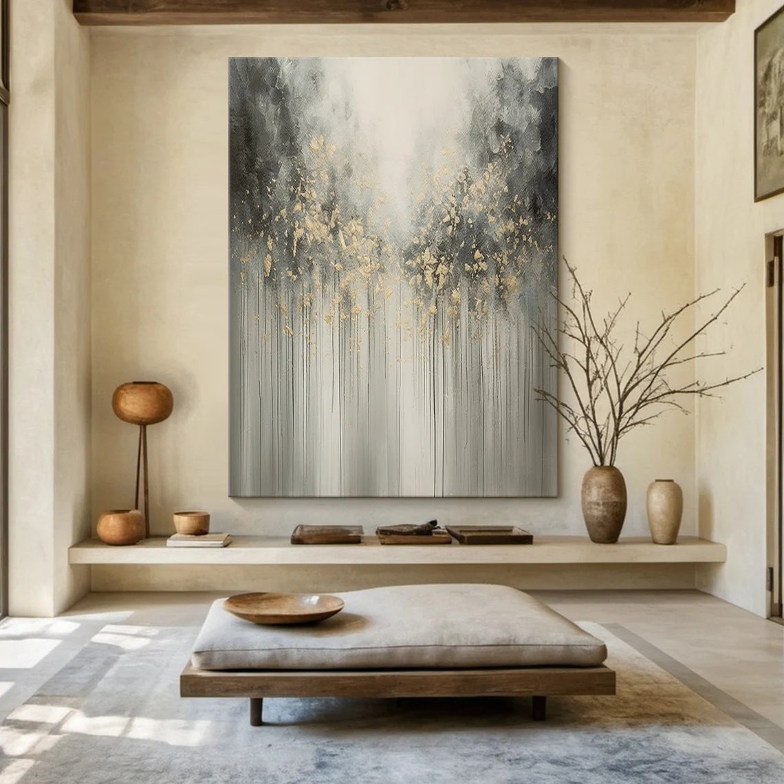 Large Abstract Nature Painting | Grey, Black, Gold Forest Art #TC 064