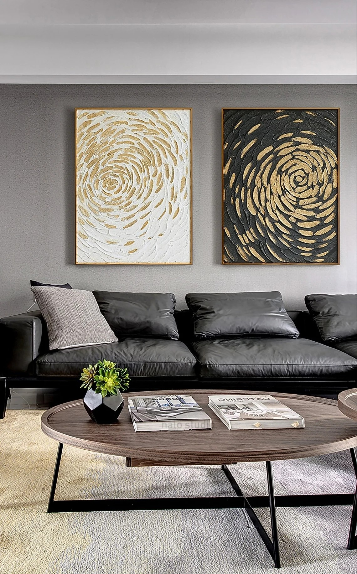 Gold Swirl Textured Abstract Diptych - Black & White Art #JJ 047