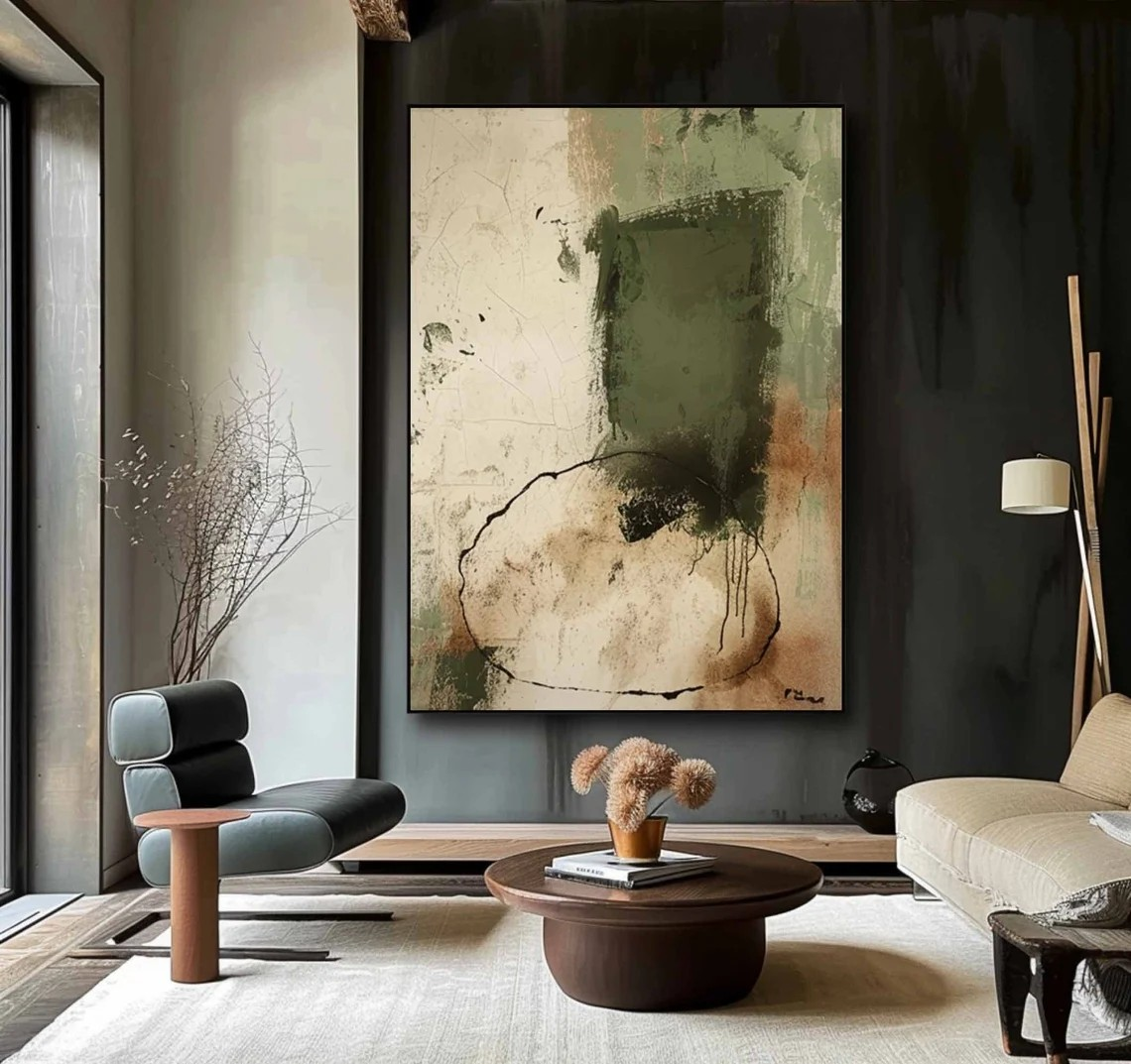 Minimalist Beige and Green Wabi Sabi Art for Contemporary Design #TC 021