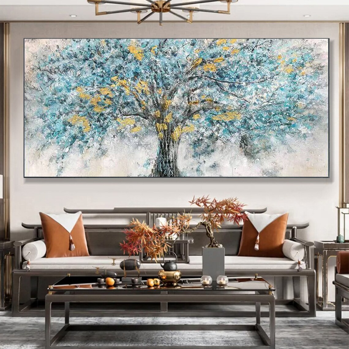 Textured Blue & Gold Tree Abstract Art - Elegant Decor