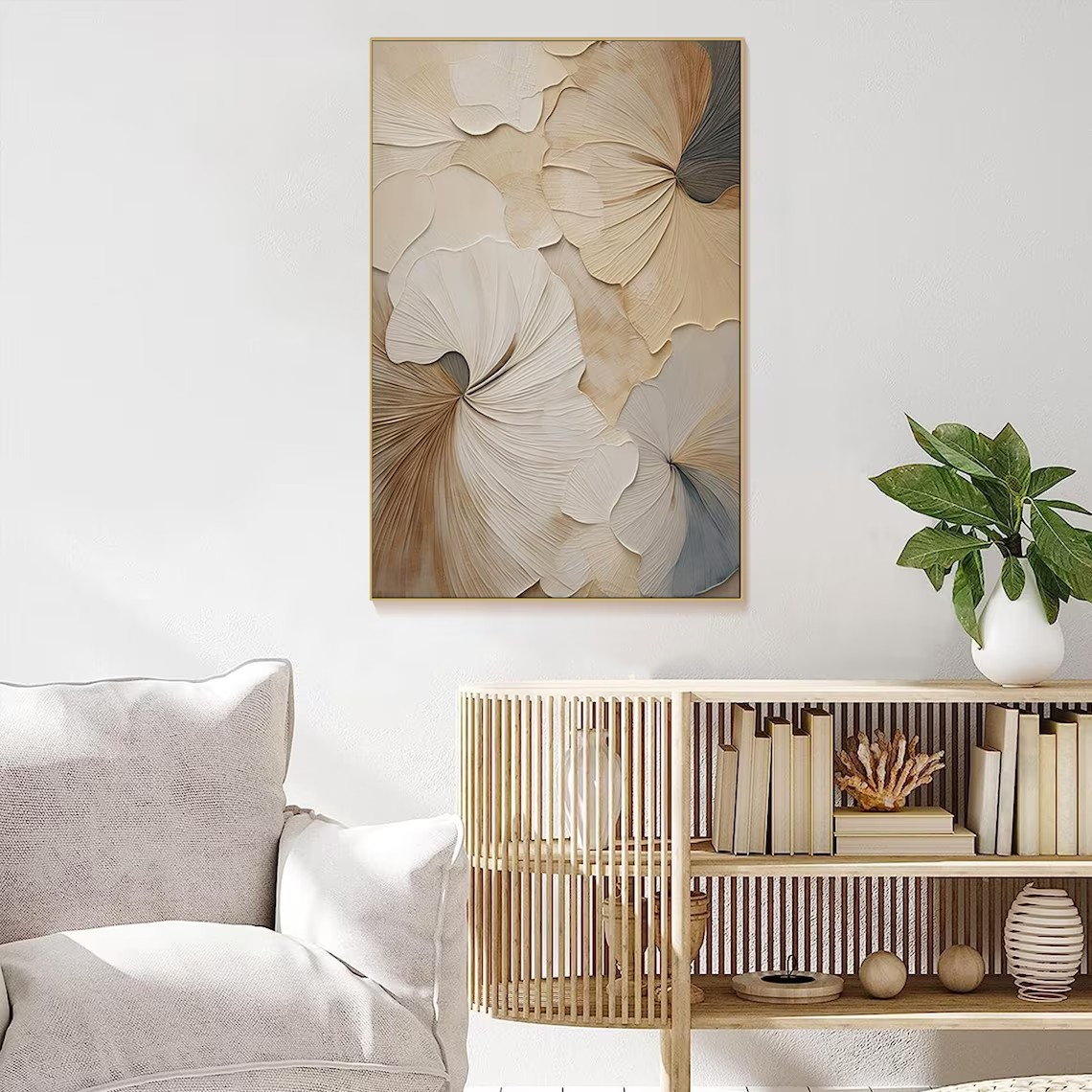 Textured Beige Floral Painting for Bedroom #TC 103