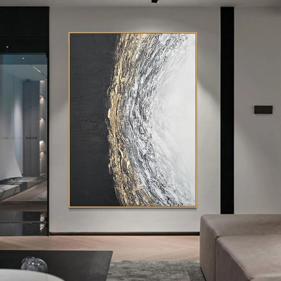 Abstract Black White Gold Oil Painting Modern Wall Art #TC 083