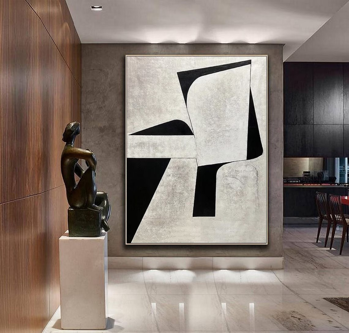 Vertical Black & Grey Geometric Abstract Oil Painting - Tall Art