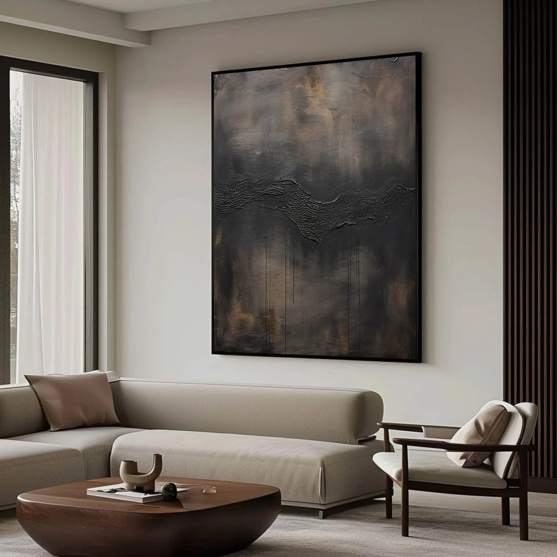 Large Abstract Black and Gray Oil Painting with Textured Flow Design #TC 016