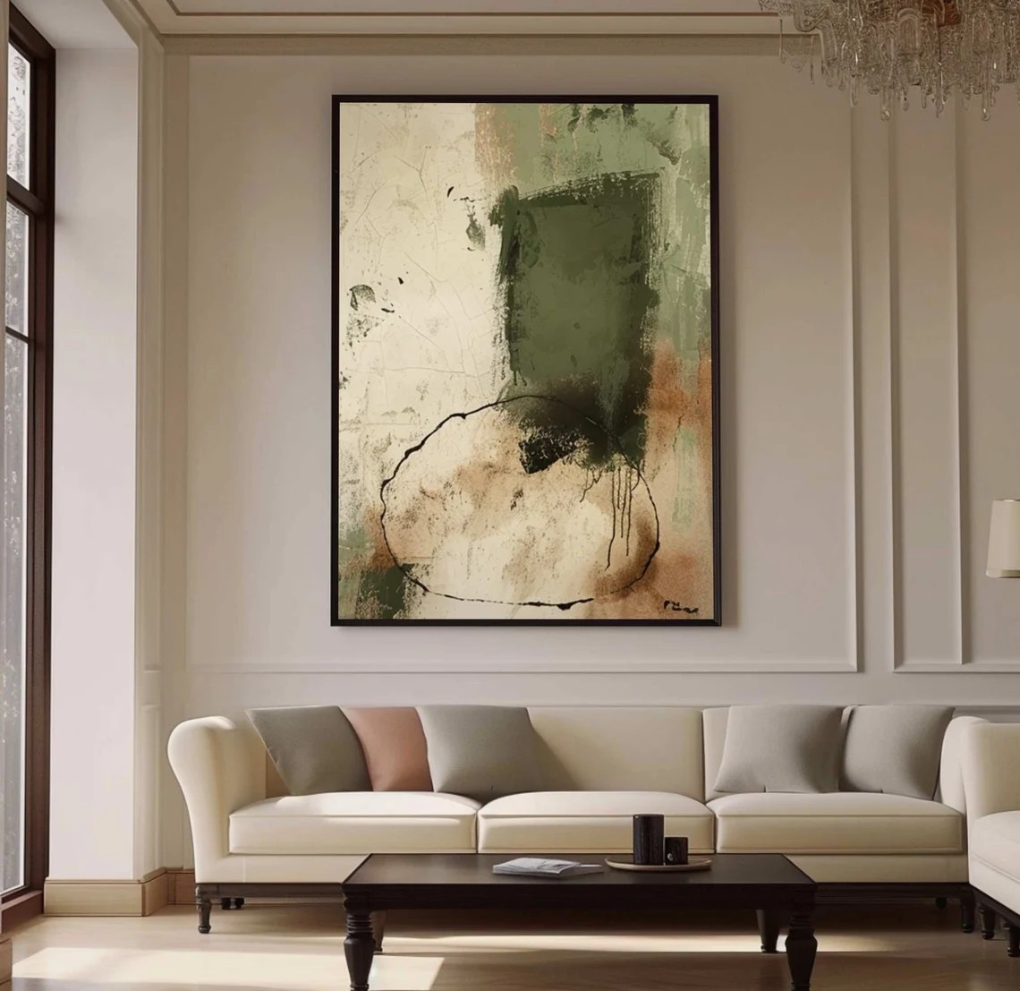 Minimalist Beige and Green Wabi Sabi Art for Contemporary Design #TC 021