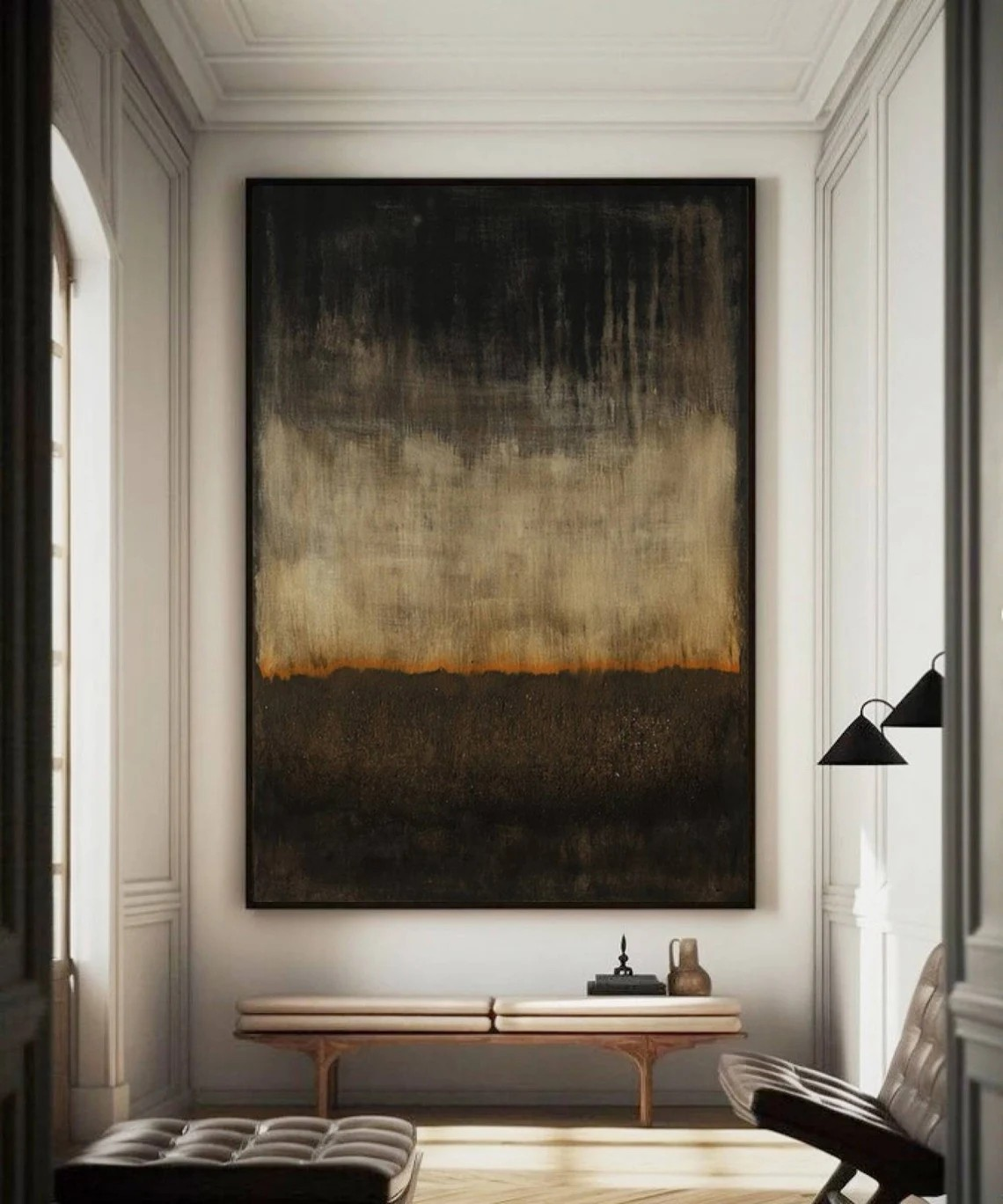 Handmade Black and Beige Abstract Art with Orange Horizon Wall Decor