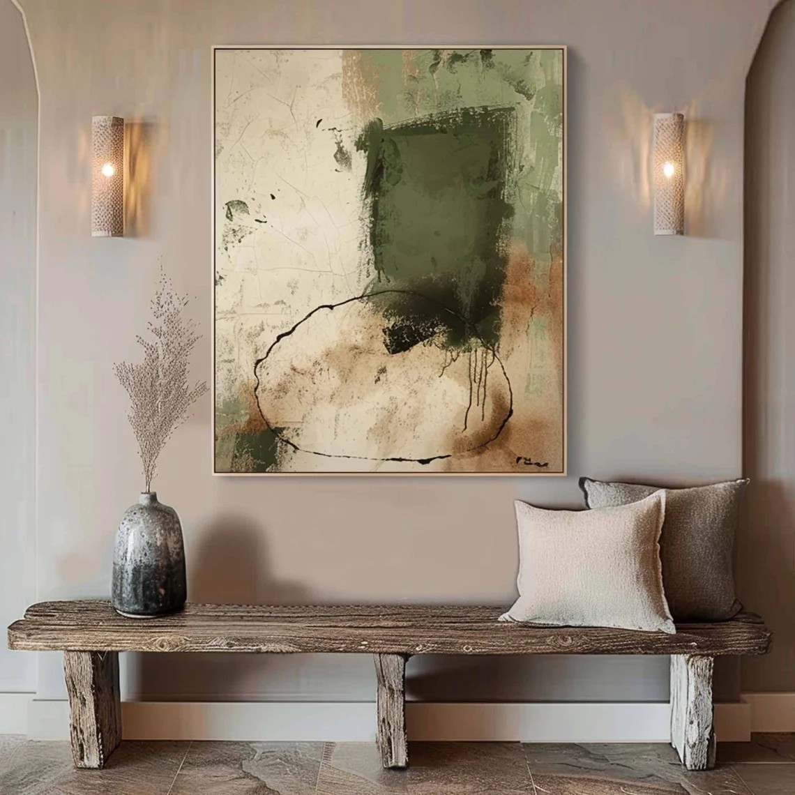 Minimalist Beige and Green Wabi Sabi Art for Contemporary Design #TC 021