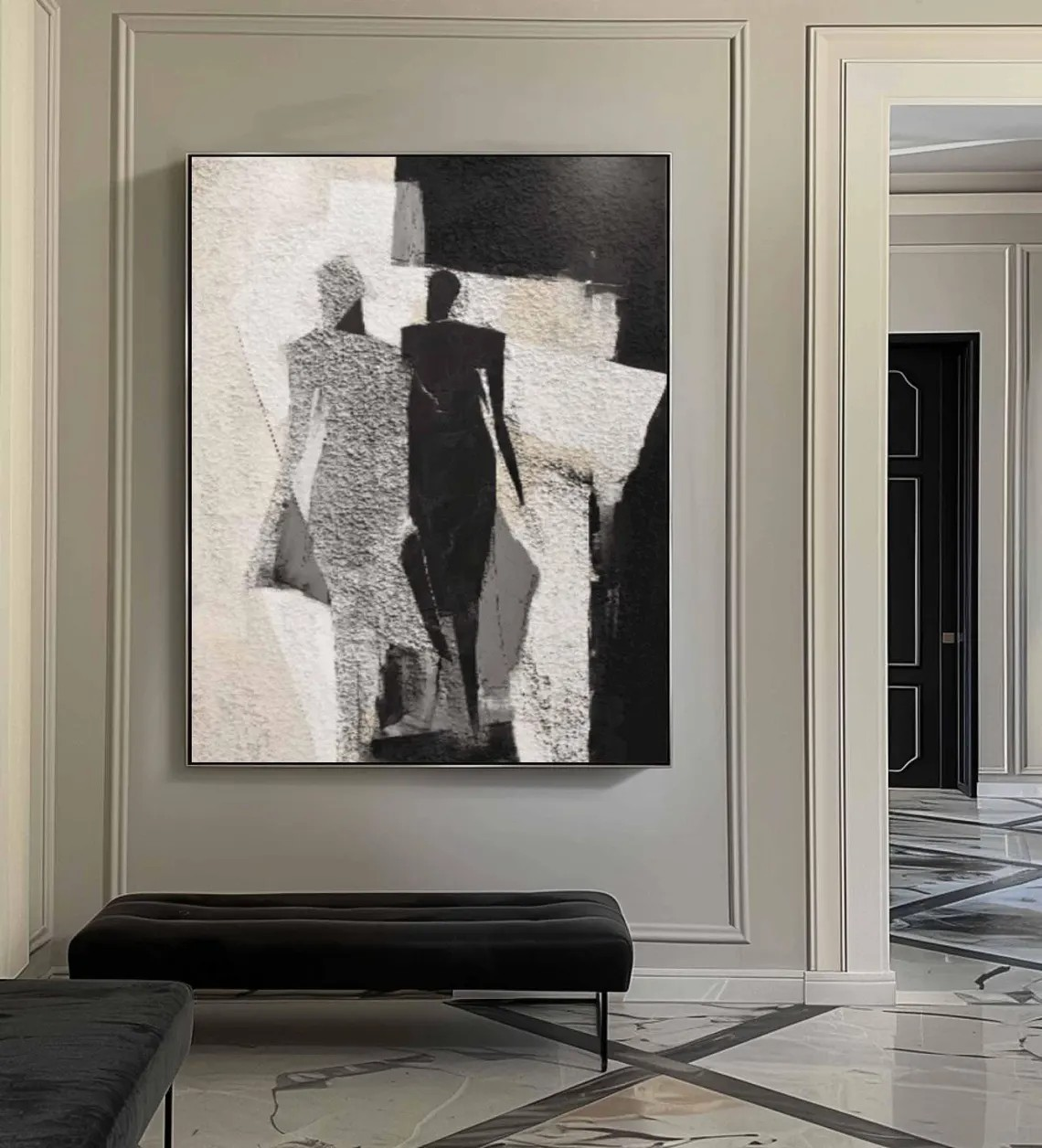 Abstract Figures Art - Black White Textured Wall Painting #TC 053