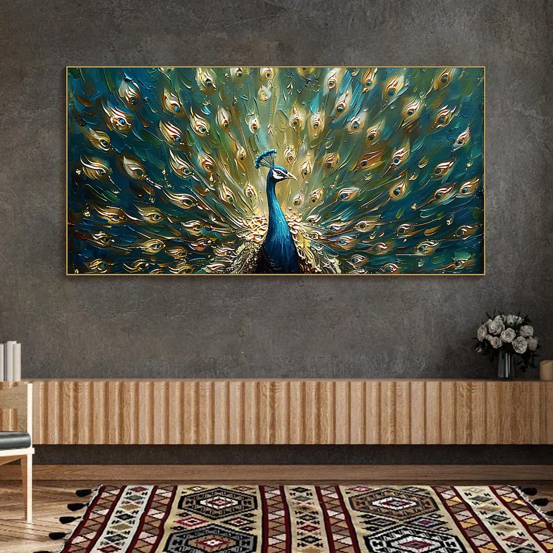 Textured Peacock Oil Painting - Handmade Animal Art #TC 097