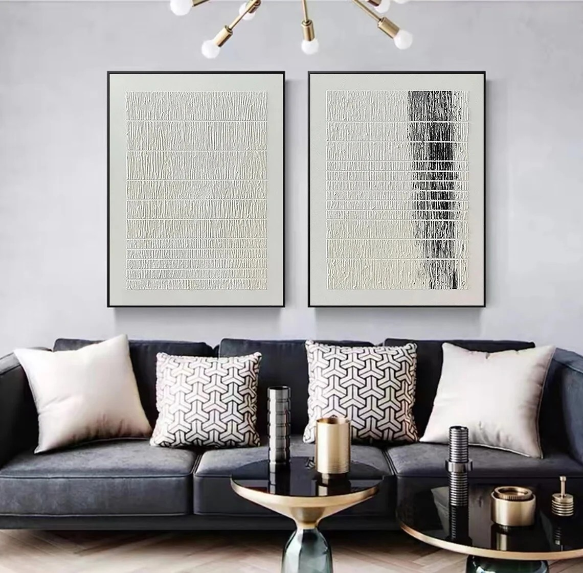 Minimalist Textured Line Abstract Diptych - Black & White Art #JJ 027