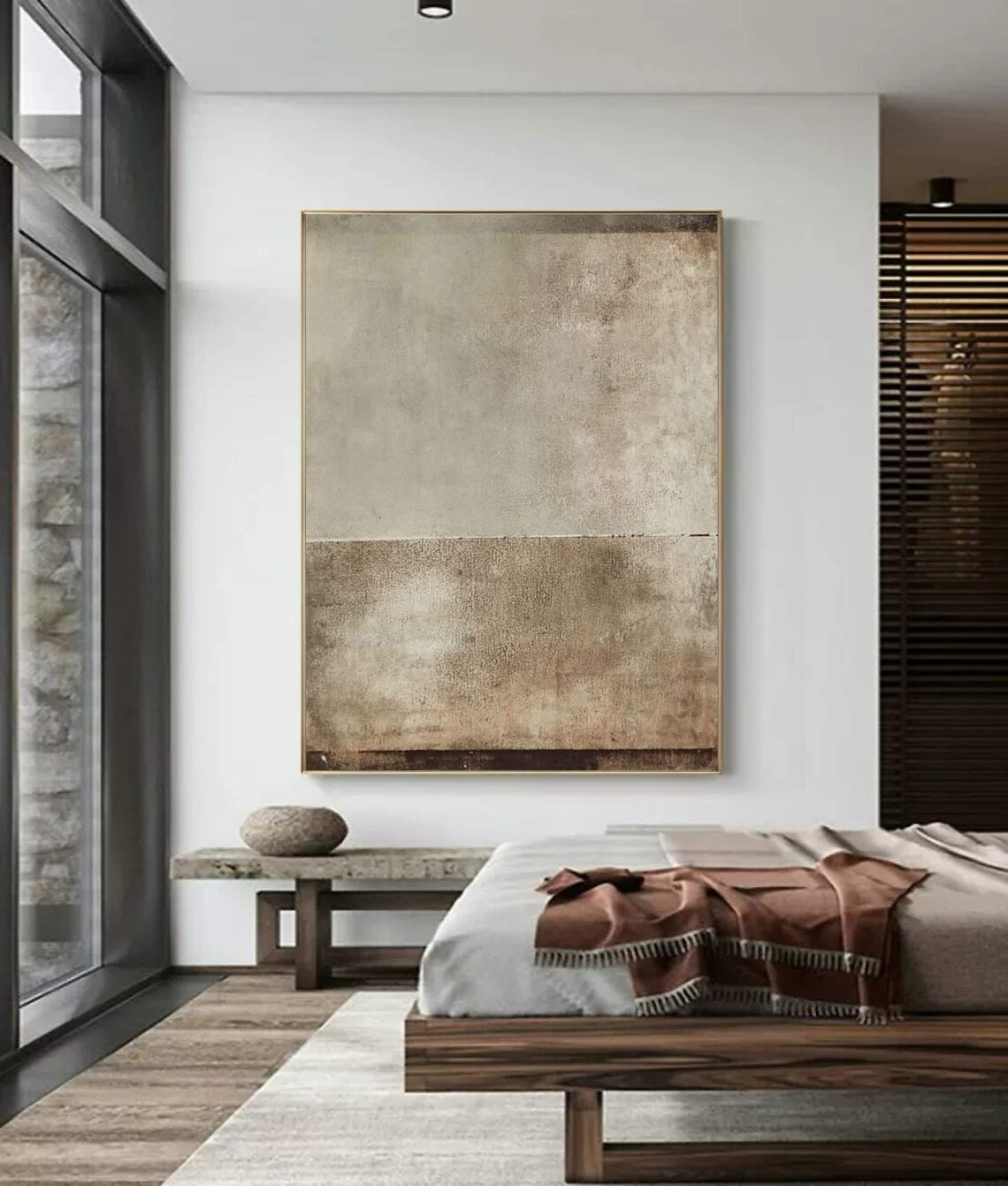Minimalist Gray and Brown Abstract Oil Painting with Textured Surface Wall Art #TC 037