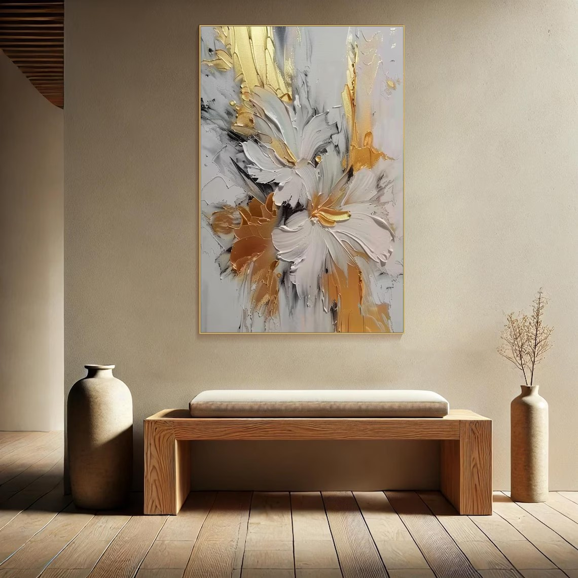 Set of 2 Textured Abstract Paintings |Gold & Grey Art #TC 102