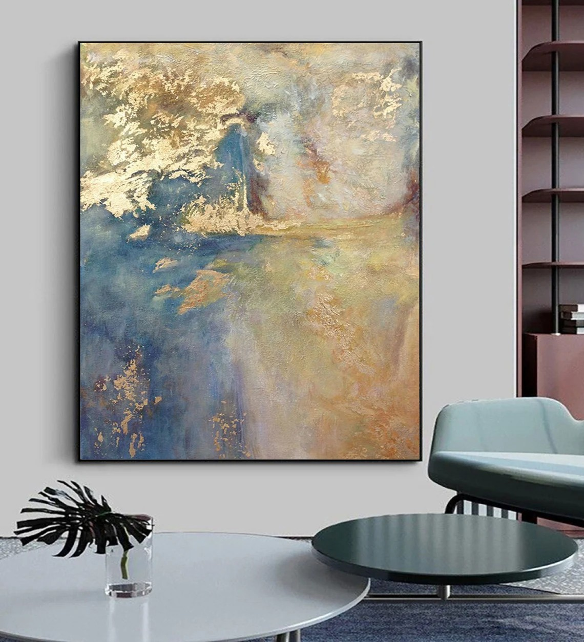 Ethereal Blue and Gold Abstract Oil Painting for Home Decor #TC 027
